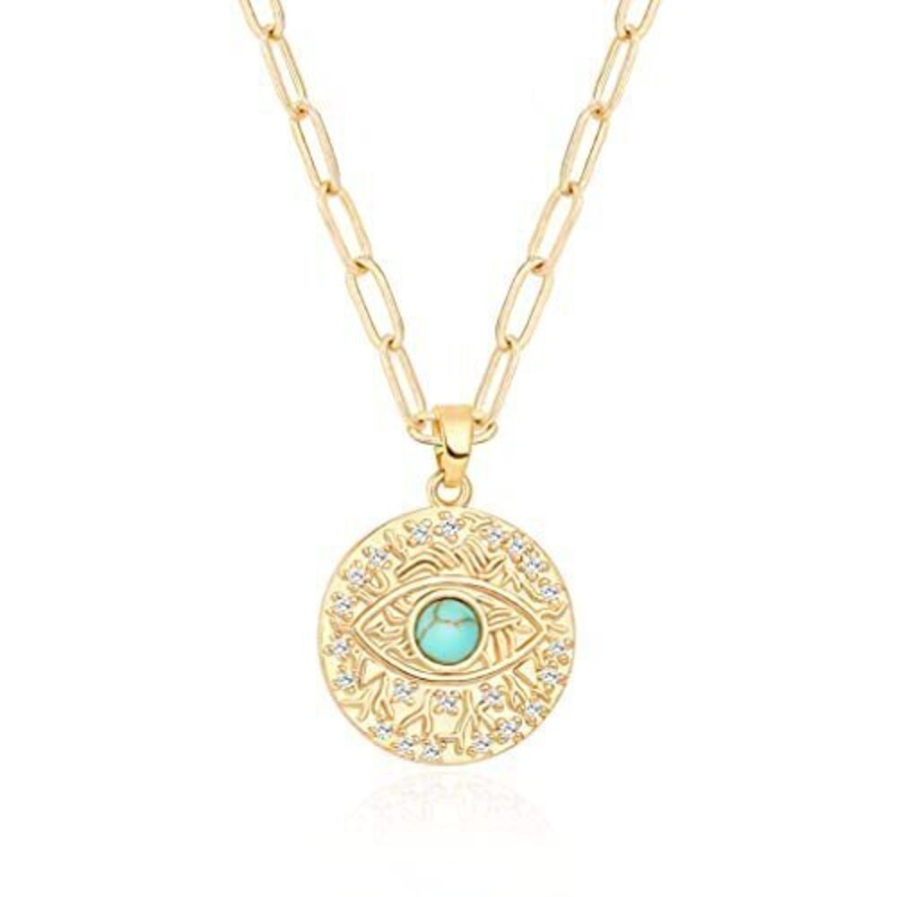 9180 Micro Pave Synthetic CZ Evil Eye Medallion Necklace 18k Gold Plated